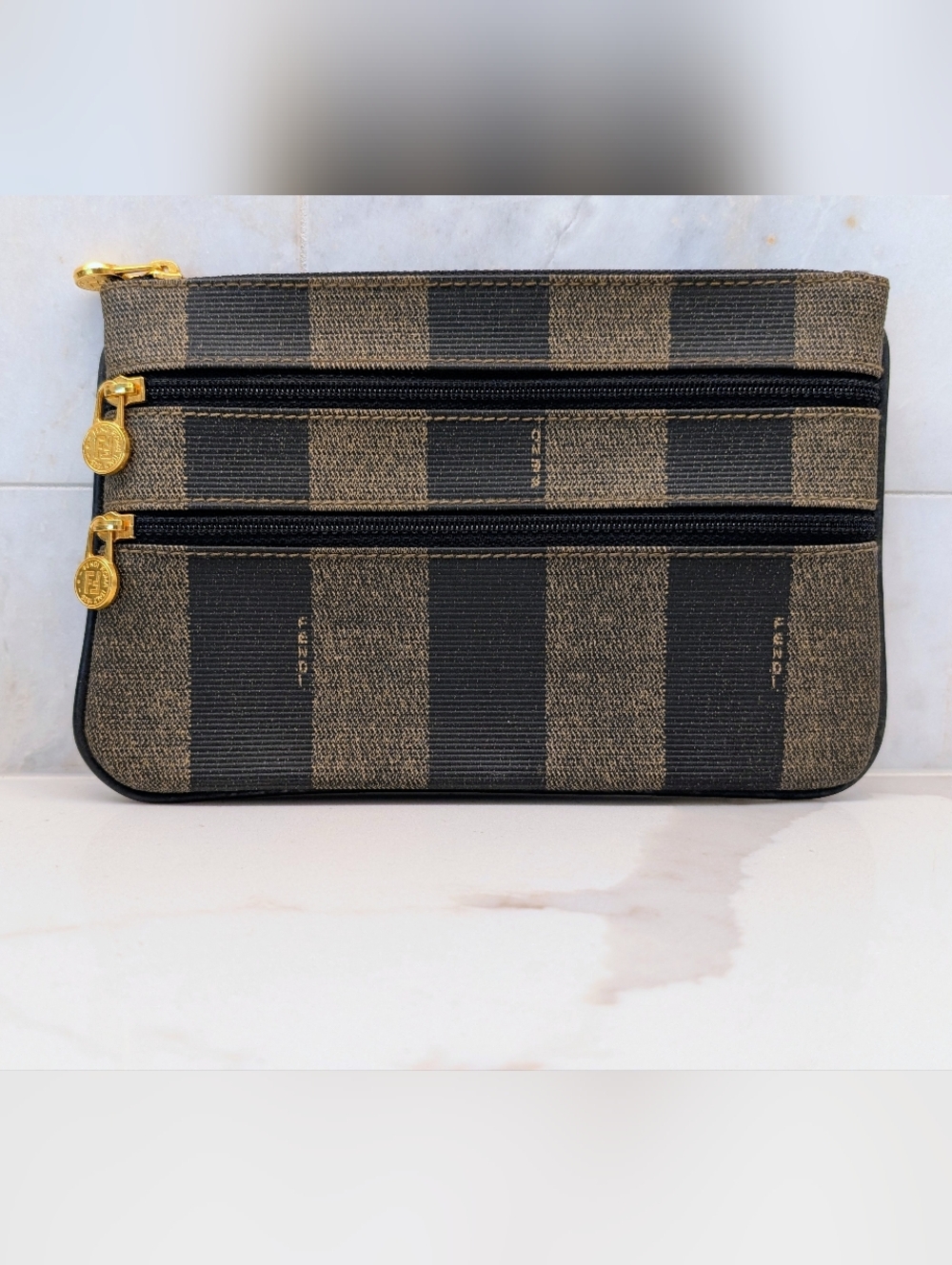 Fendi Brown Striped Zip Clutch